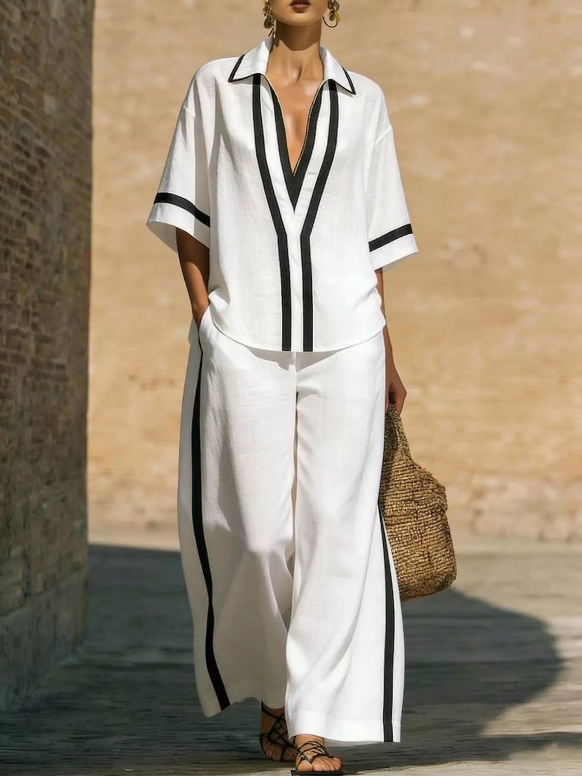 Plus-size contrast-trim top and pants set, white with black-and-white V-neck contrast trim