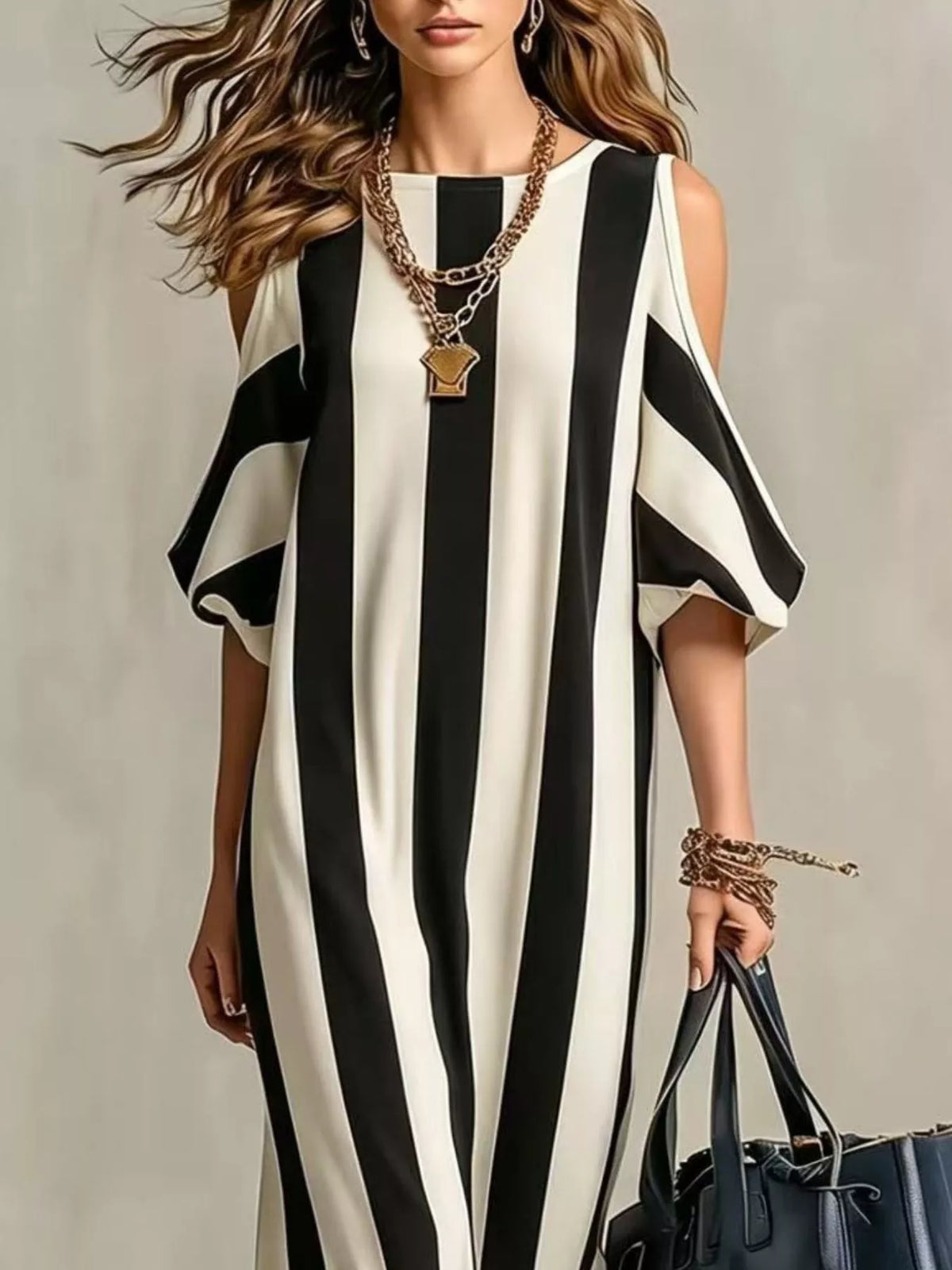 Striped cold-shoulder maxi dress in black and cream with wide shoulder cutouts