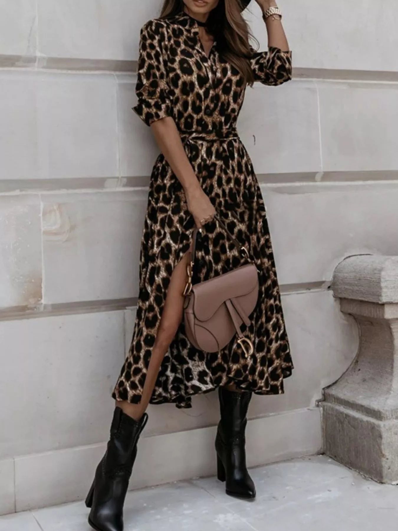 Leopard-print belted button-down midi dress with short sleeves, button front, and slit