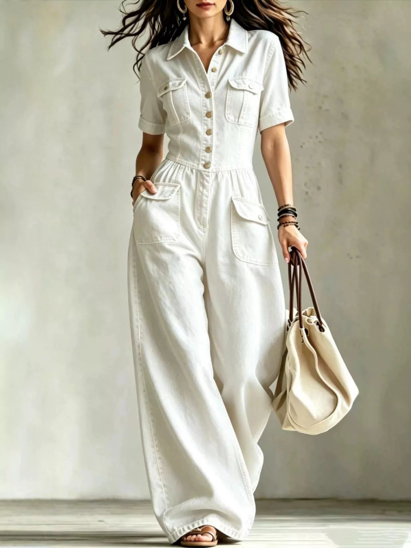 White denim wide-leg jumpsuit with chest pockets and short sleeves