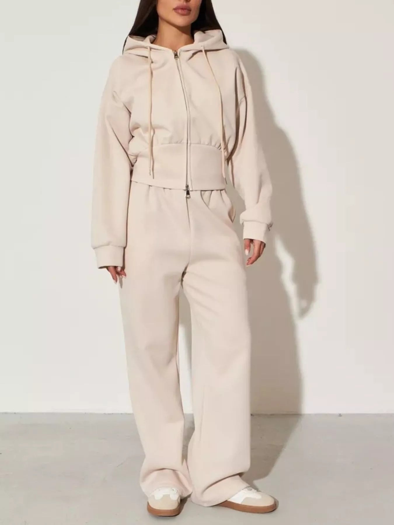 Light apricot zip-up hoodie and wide-leg pants set, full outfit view, zip and hood