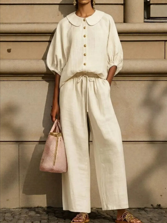 Button-down half-sleeve top & pants set in off-white, gold buttons, gathered waist pants