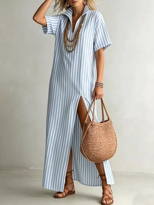 Light blue striped maxi dress with short sleeves and side slit, V-neck front