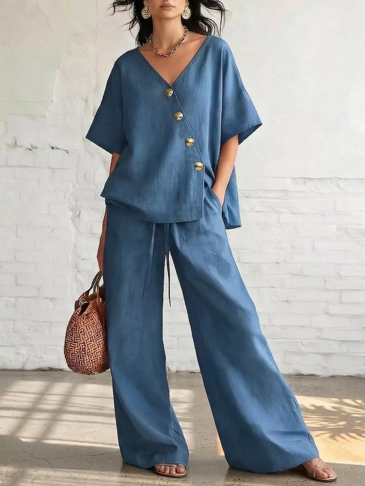 Blue surplice button-front top and wide-leg pants set, short sleeves and V neckline