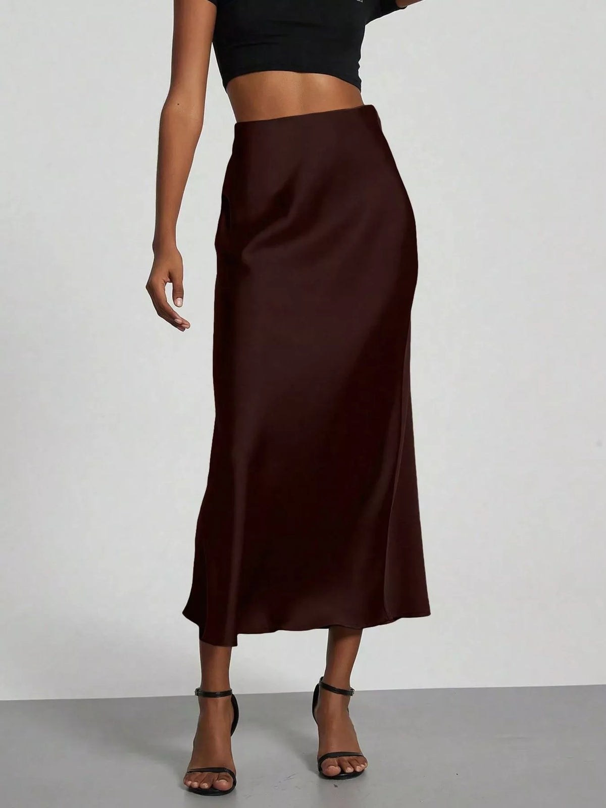 Satin midi skirt in brown, straight midi hem with back seam detail