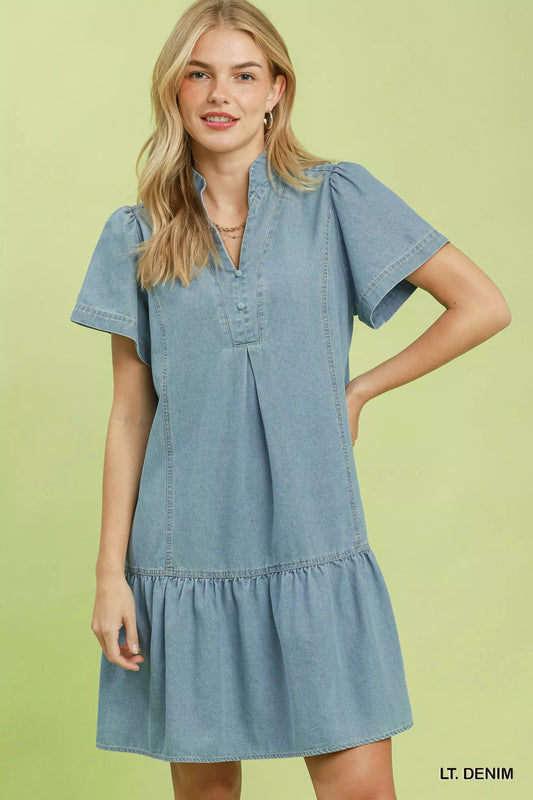 Light denim mini dress with V-neck, button front and ruffle hem