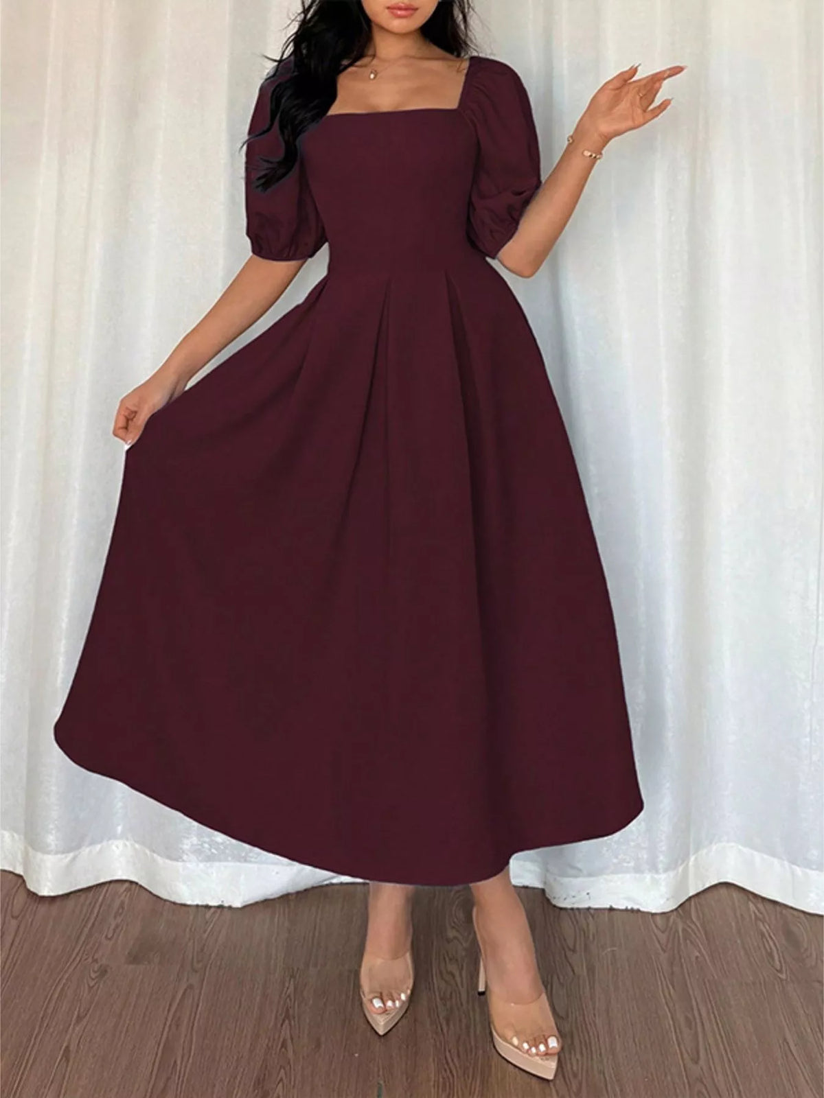 Burgundy square-neck flutter sleeve midi dress with puff sleeves and full gathered skirt