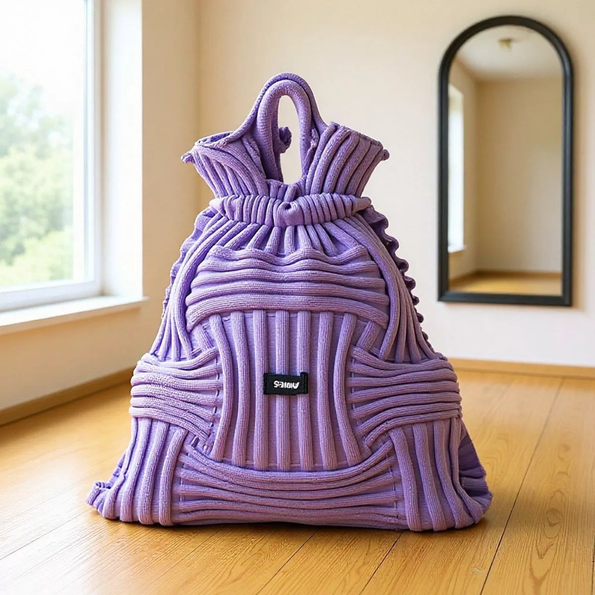 Purple textured knit backpack bag with ruffled panels, top handles, front patch logo