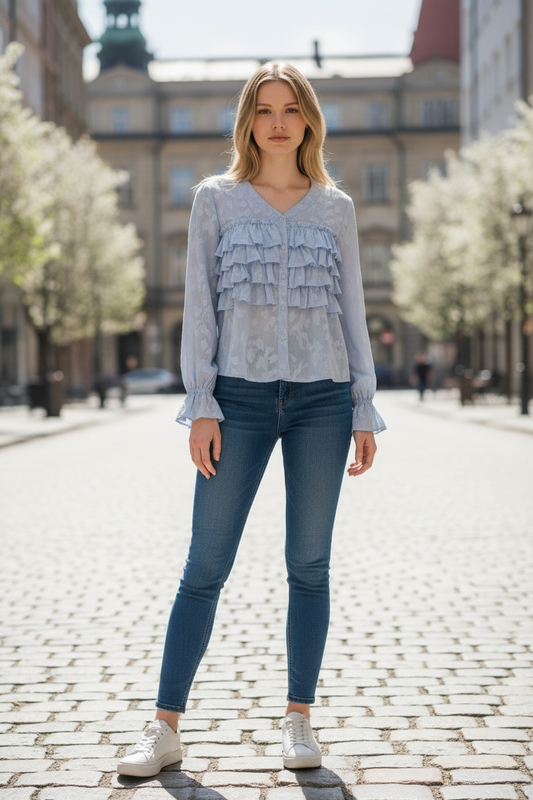 Baby Blue Tiered Ruffle Blouse - Front Standing