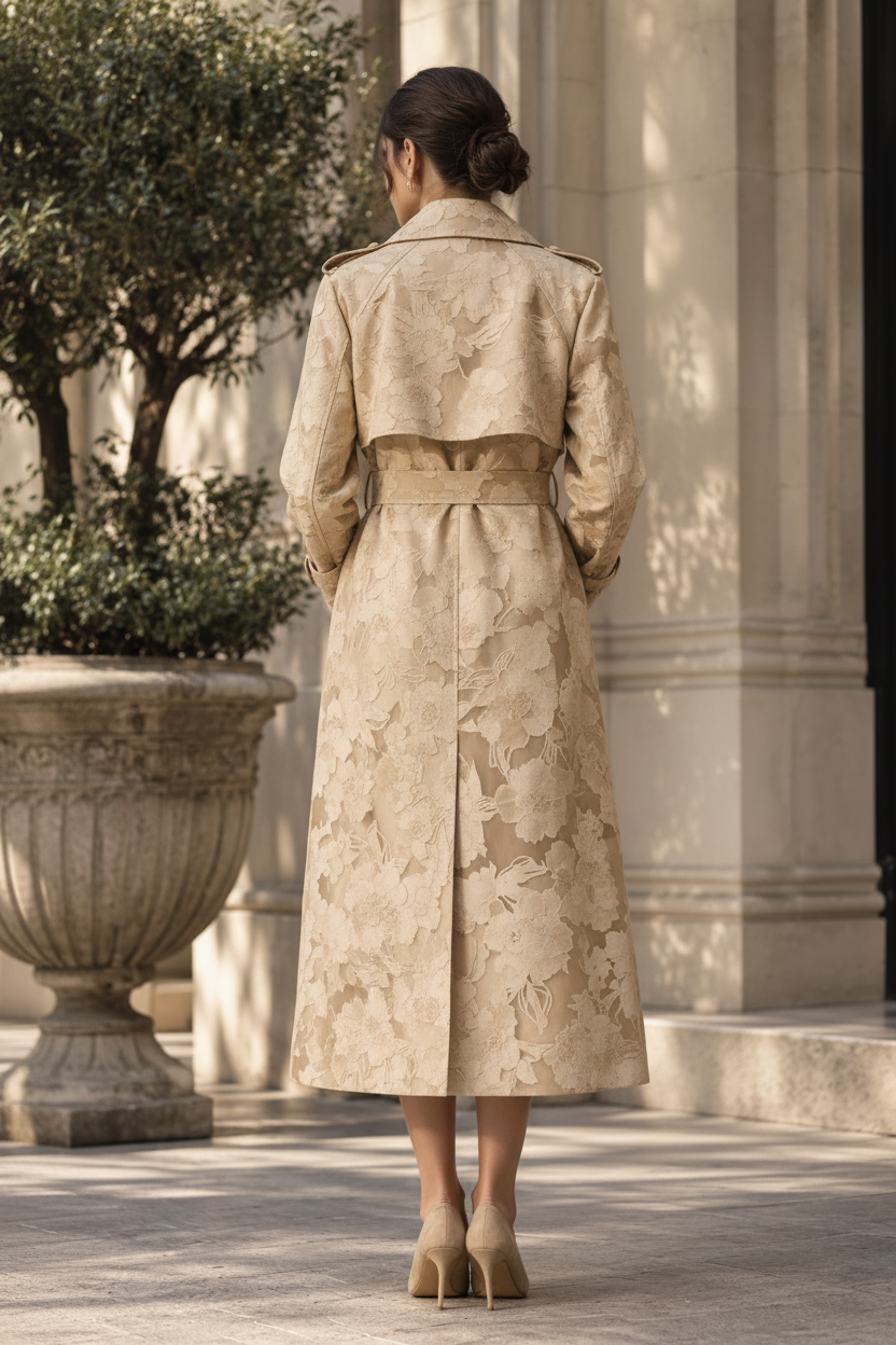 Back view of the exact floral trench coat