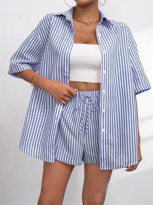 Blue striped button-up shirt with matching tie-front shorts, front view