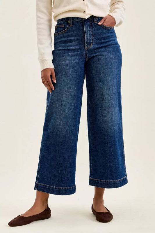 High-waist ankle wide jeans, dark blue wash, wide leg with cuffed ankle hem