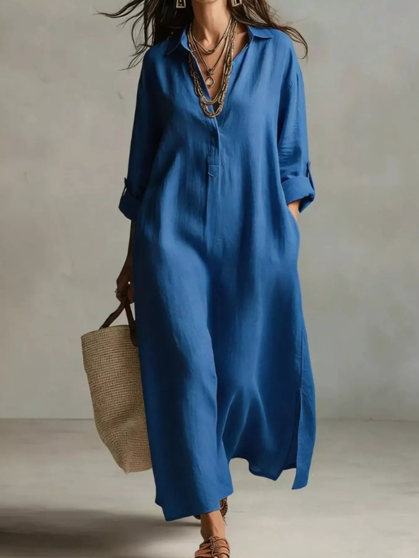 Blue midi shirt dress with button front, V-neck, short sleeves and relaxed drape