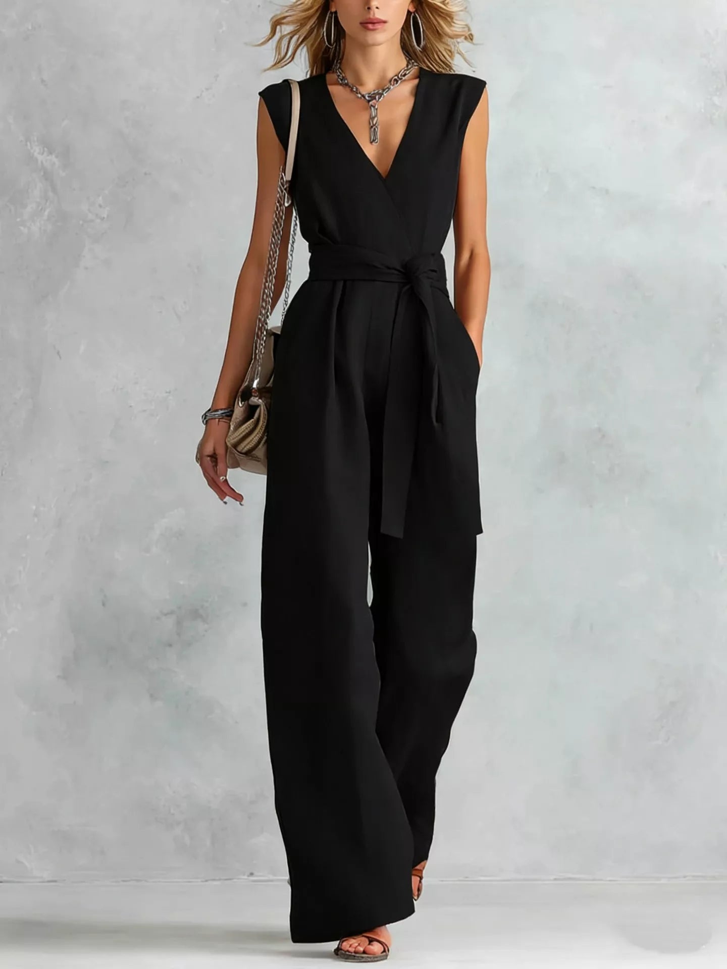 Sleeveless wide-leg jumpsuit in black with V-neck and tied waist belt