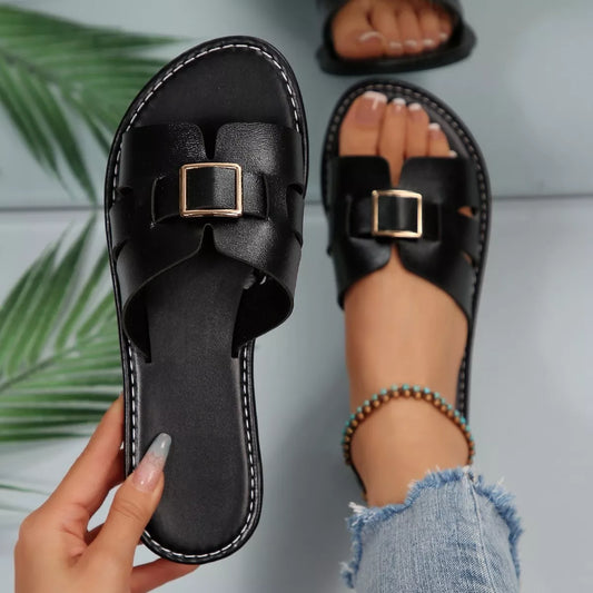 Black buckle slide sandals with square metal hardware strap