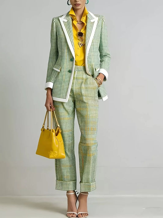 Green plaid blazer and pants suit set with white contrast trim