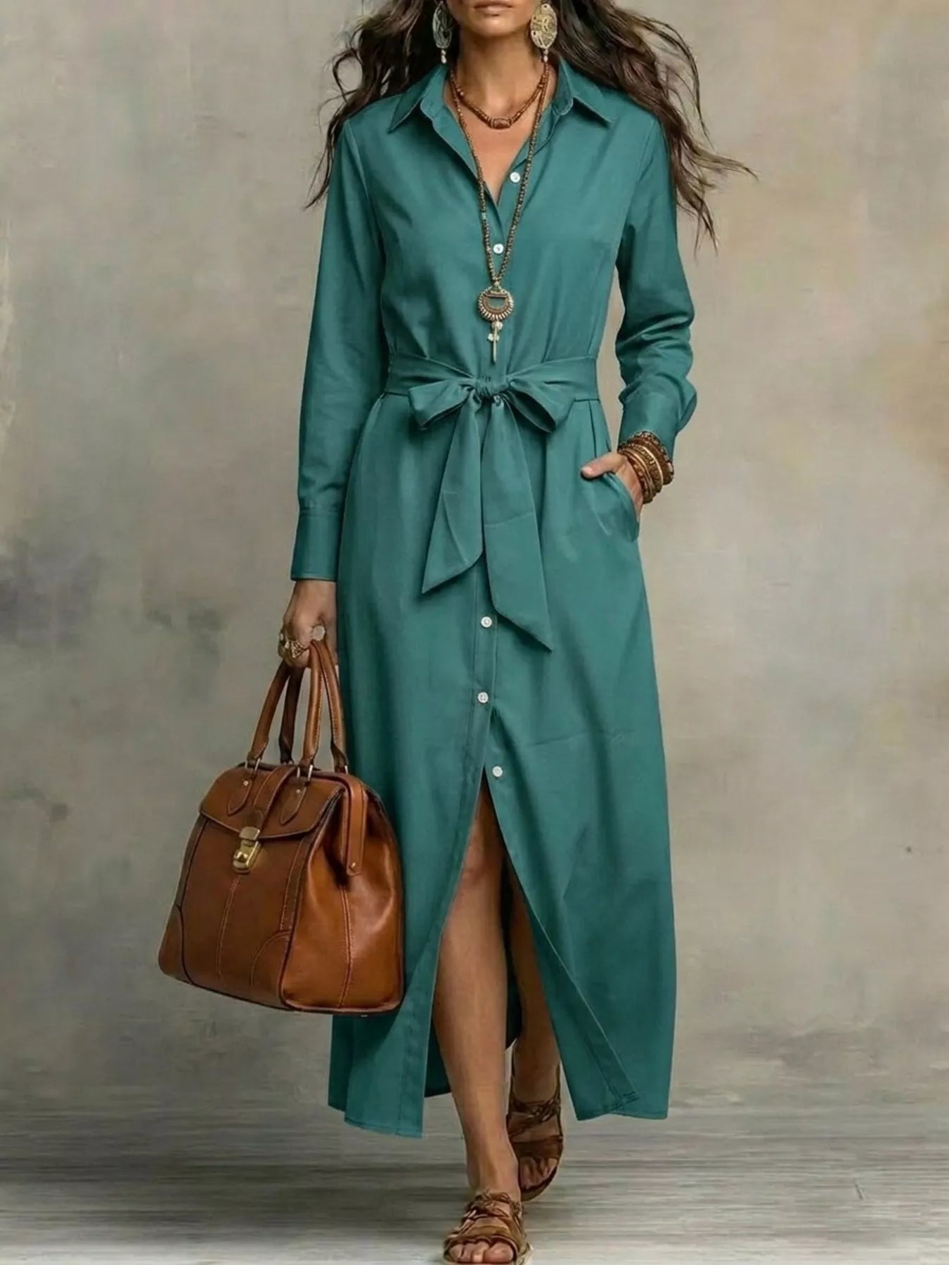 Plus size teal tie-waist long-sleeve shirt dress with button front