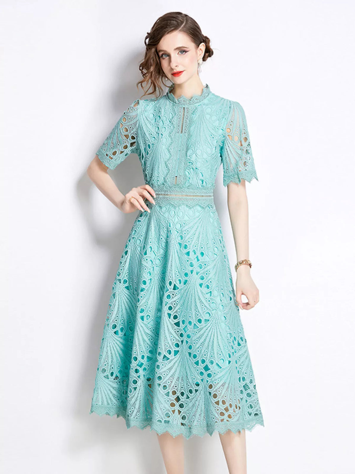 Aqua lace midi dress with short sleeves, high neckline, fitted waist detail