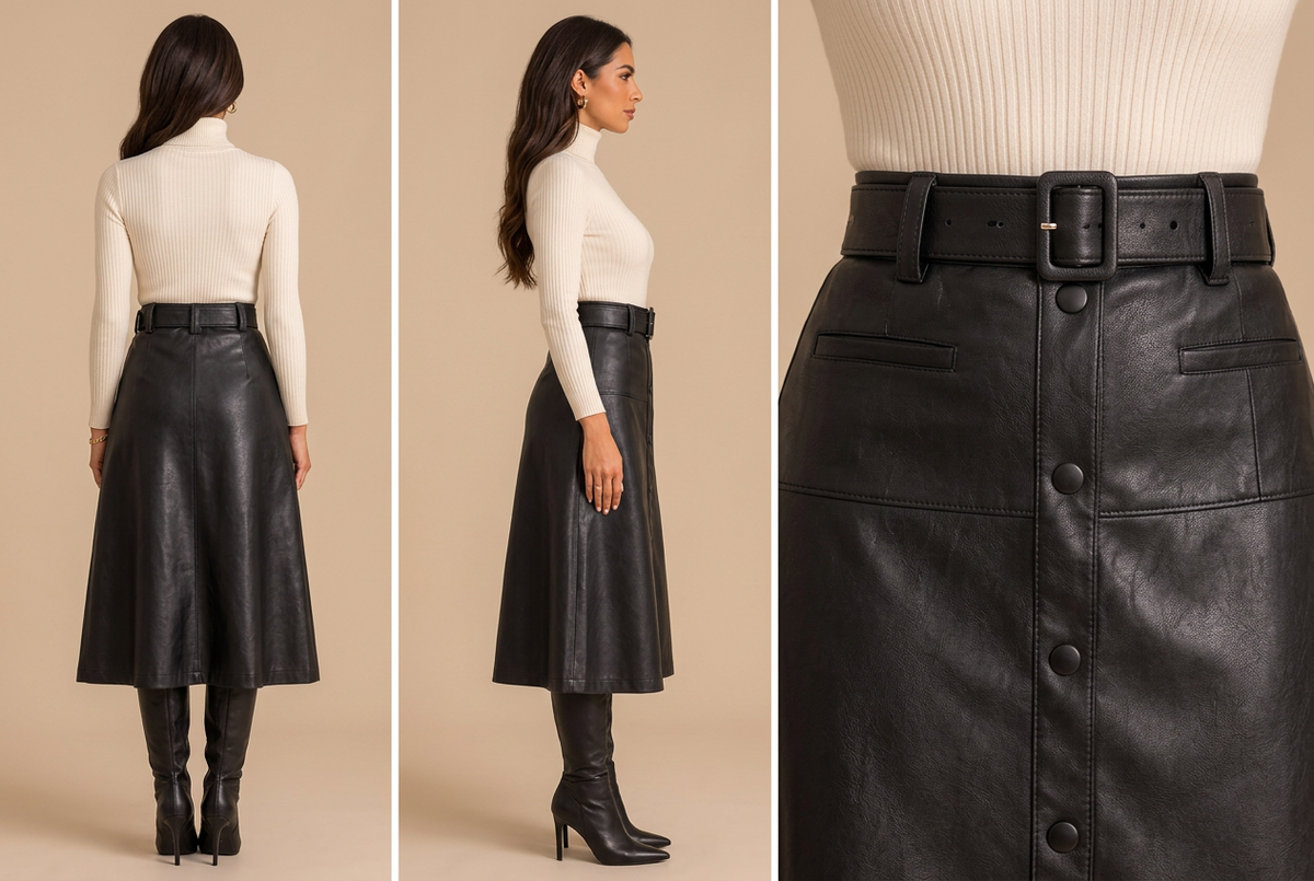 Black PU A-line midi skirt detail: back/side views and front button close-up with belt