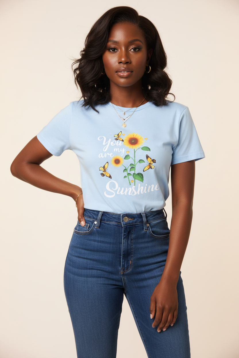 Light blue short-sleeve cotton T-shirt with crew neck and floral butterfly graphic