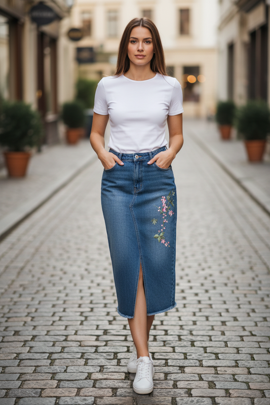 Blue denim midi skirt with floral embroidery and front slit