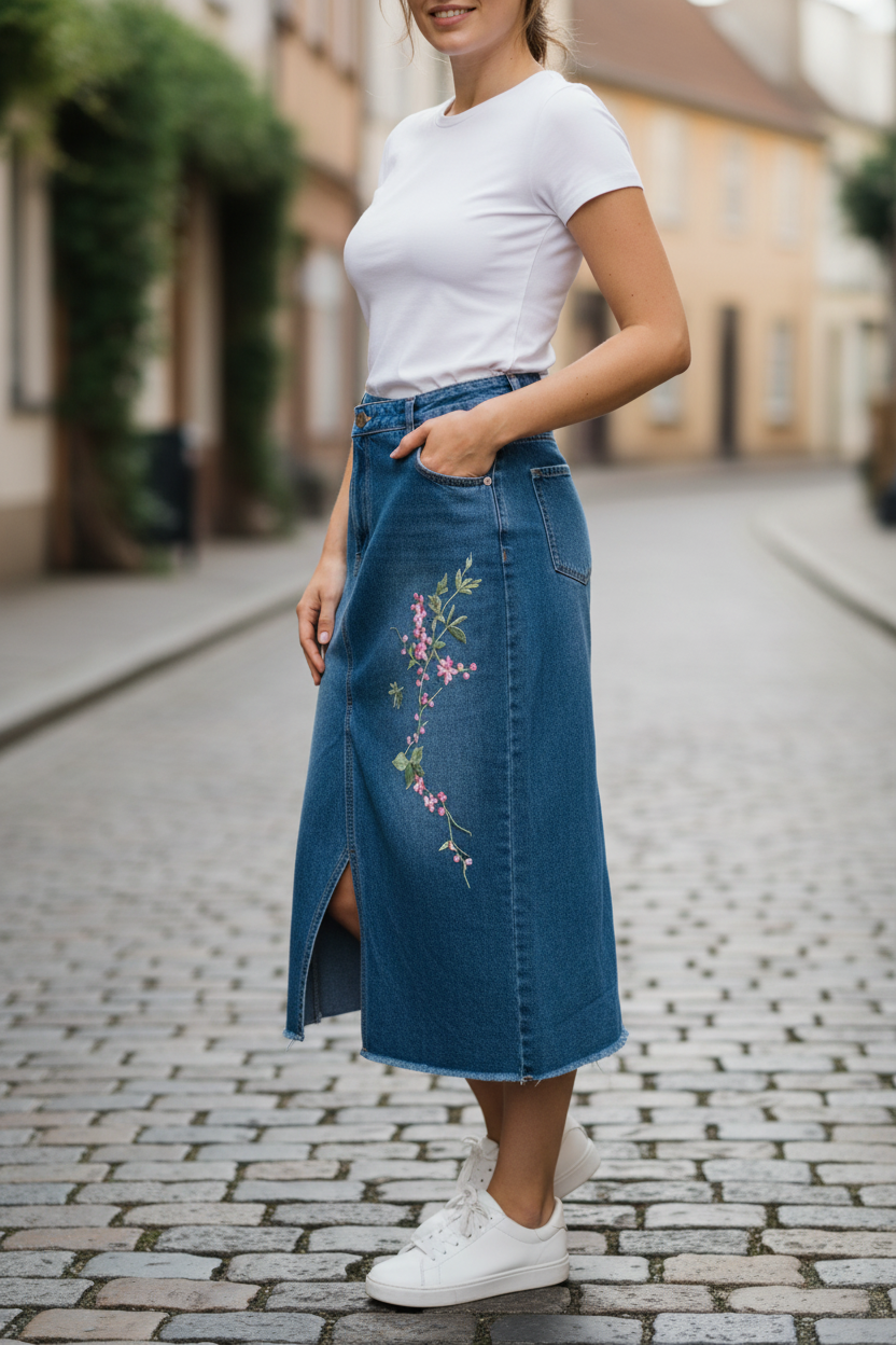 Blue Floral Embroidered Denim Midi Skirt - Side Model