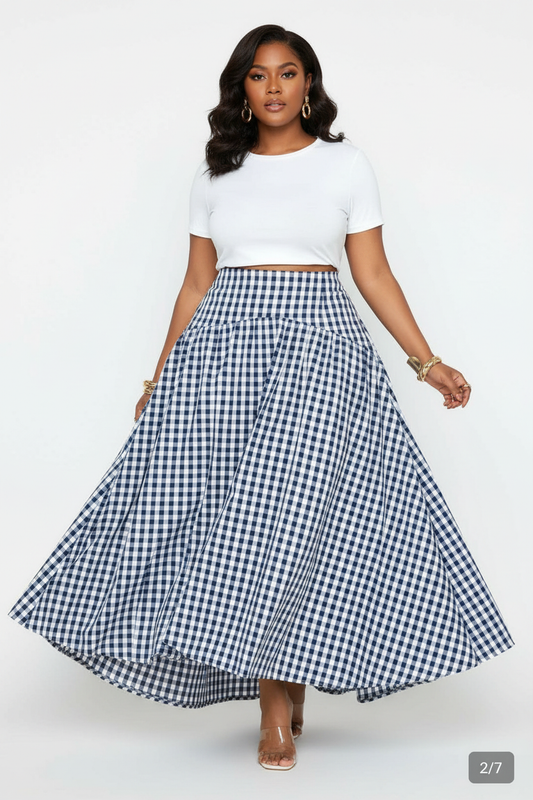 Blue gingham asymmetric midi skirt, flared full hem