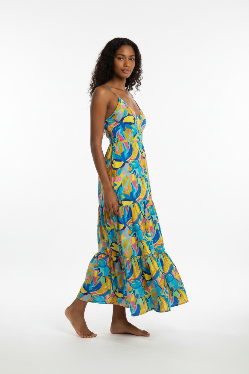 Tiered wrap maxi dress with multicolored retro leaf print, sleeveless V-neck