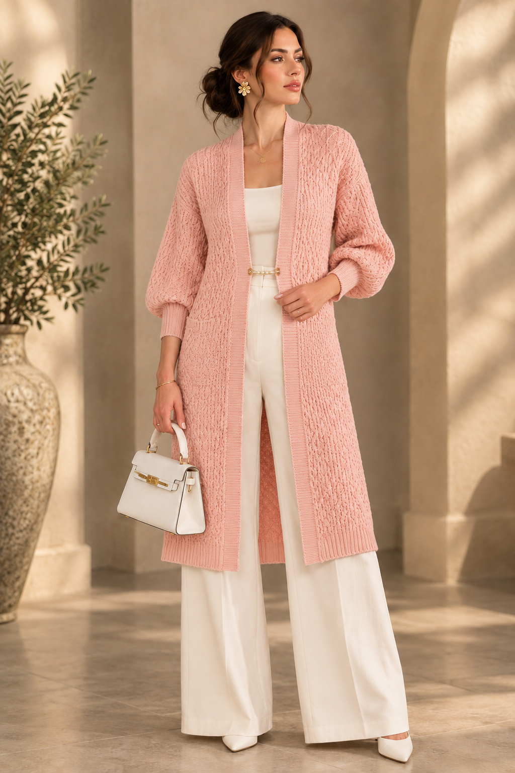 Blush pink cardigan editorial model image