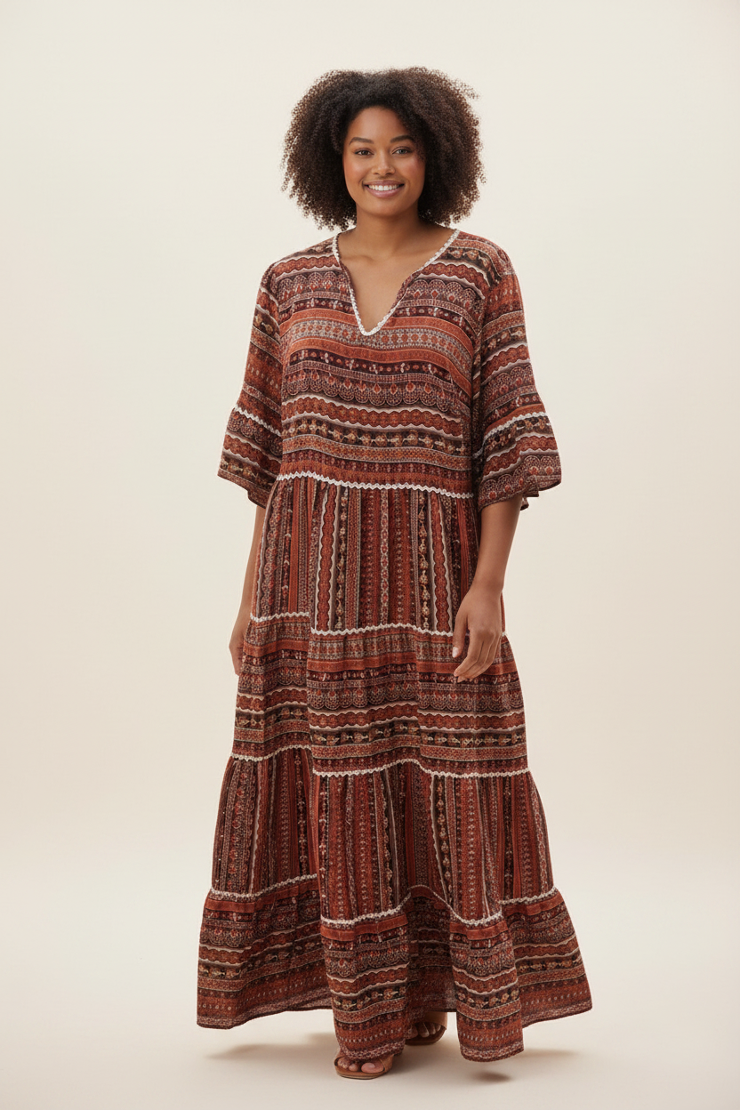 Tiered boho maxi dress in burnt orange with patterned V-neck and flutter sleeves, plus size