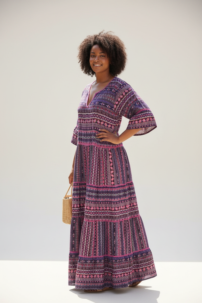 Purple patterned boho tiered maxi dress with V-neck and side tiers, plus size