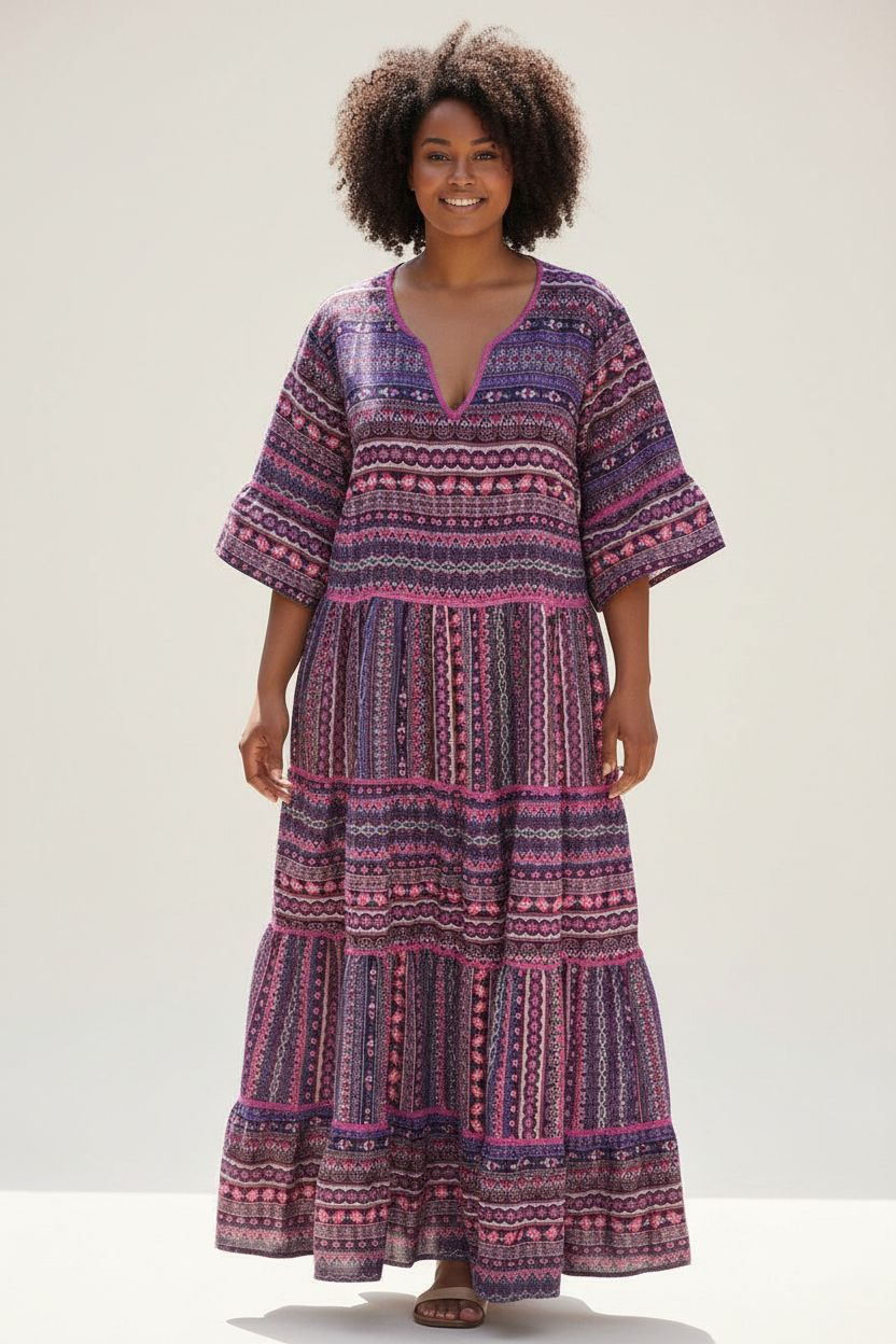 Tiered boho maxi dress in purple with patterned sleeves and V-neck, plus size