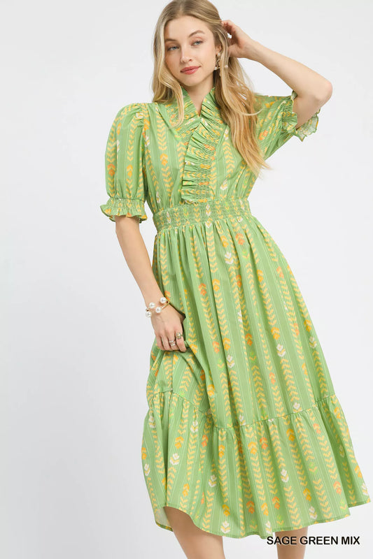 Ruffle smocked midi dress with puff sleeves, tiered skirt, green floral print