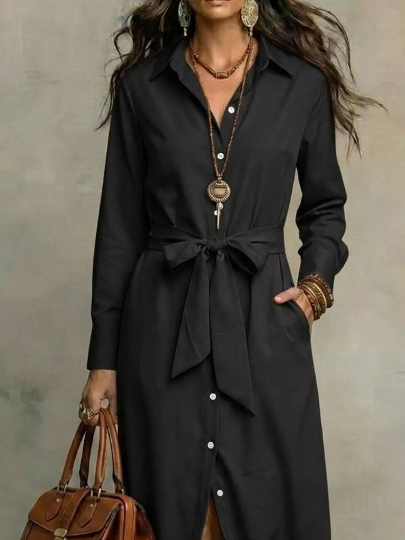 Plus size black long-sleeve shirt dress with tie belt and button front