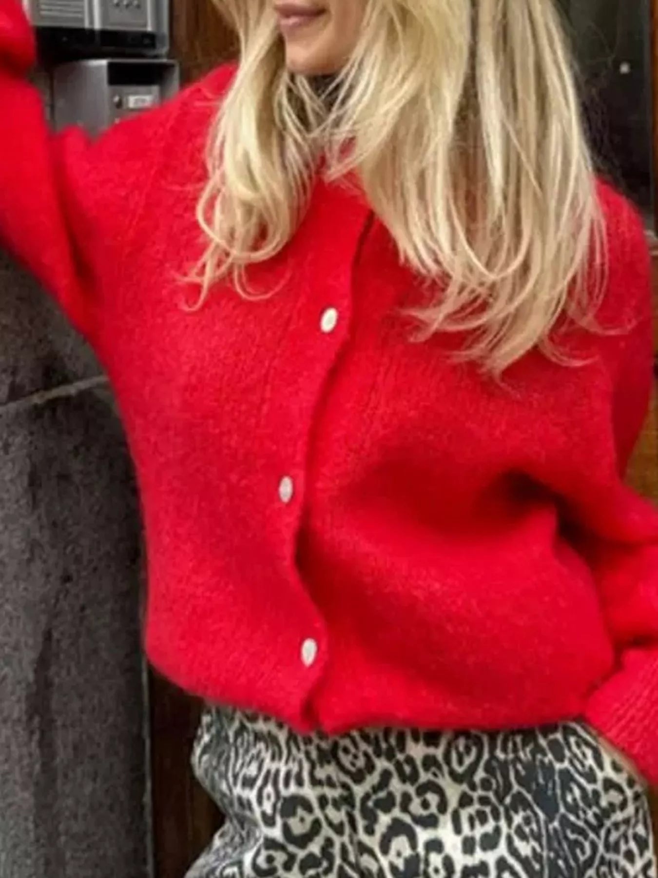 Red button-up long sleeve cardigan with front buttons and ribbed knit texture