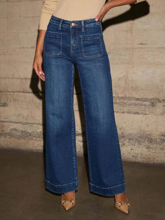 High-rise wide-leg jeans, medium-blue wash, front pockets and belt loops
