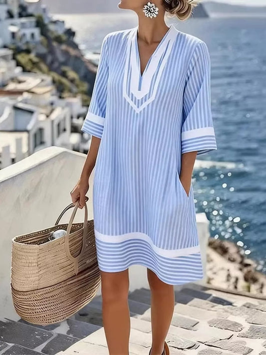 V-neck striped casual dress, light blue with white trim and curved hem