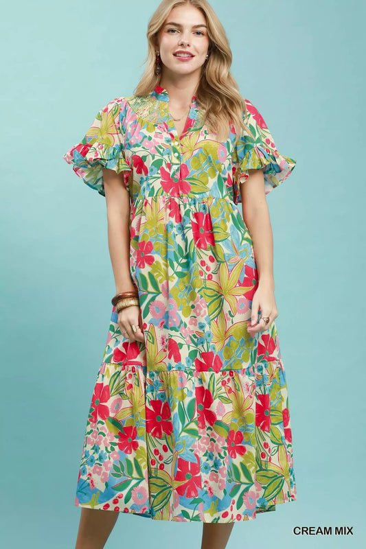 Cream tiered midi dress with tropical floral print and ruffle sleeves
