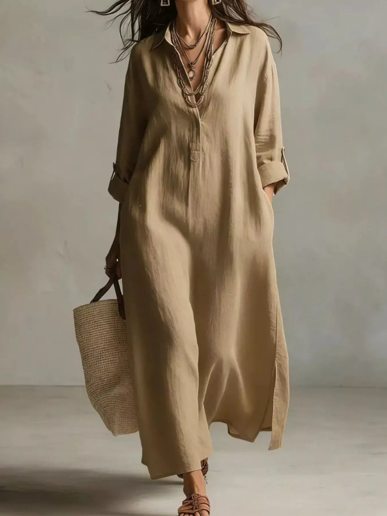 Khaki midi shirt dress with button front, V-neck, short sleeves and relaxed fit
