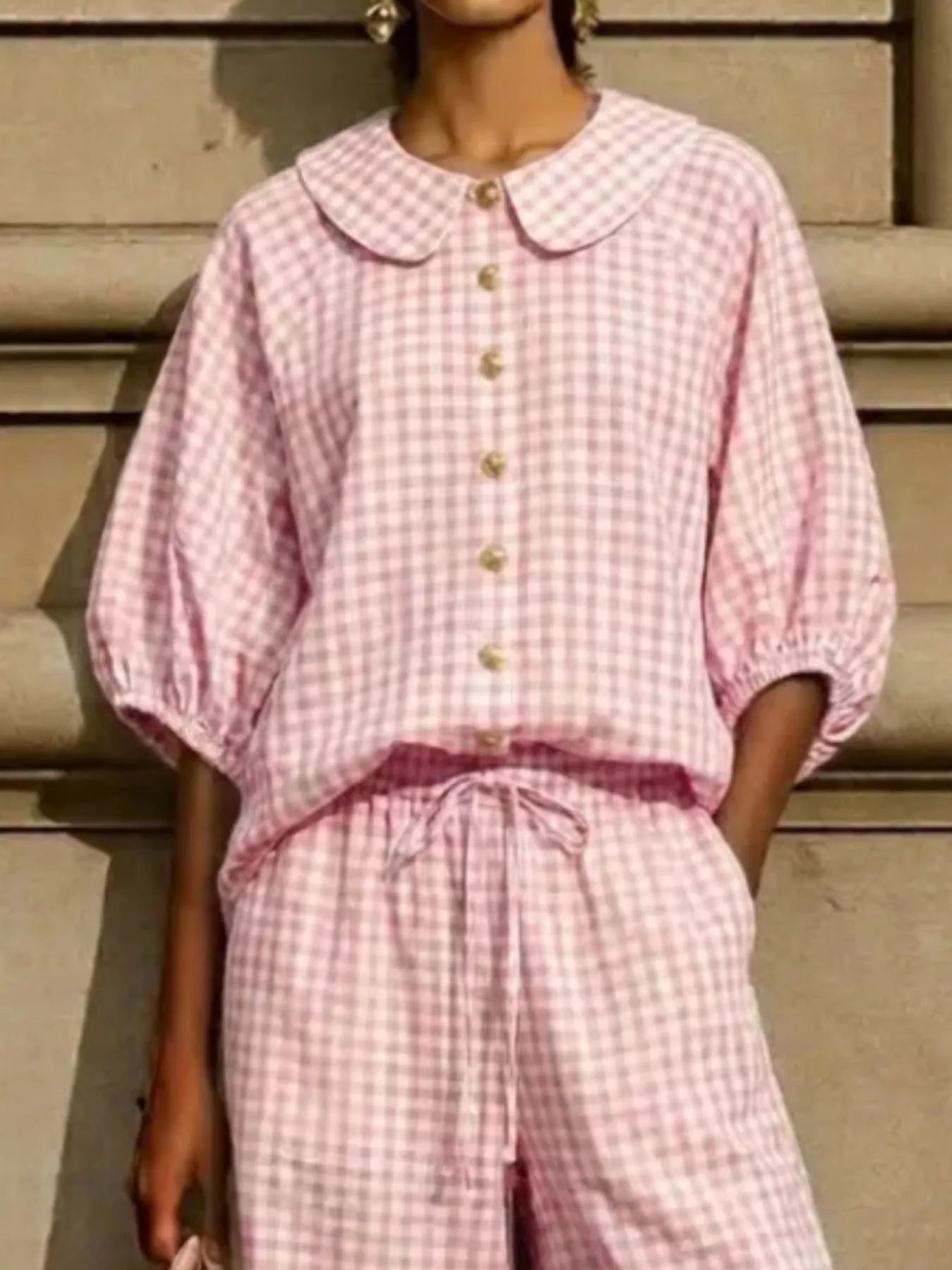 Pink gingham plaid blouse and pants set, Peter Pan collar, gold buttons, tied elastic waist.