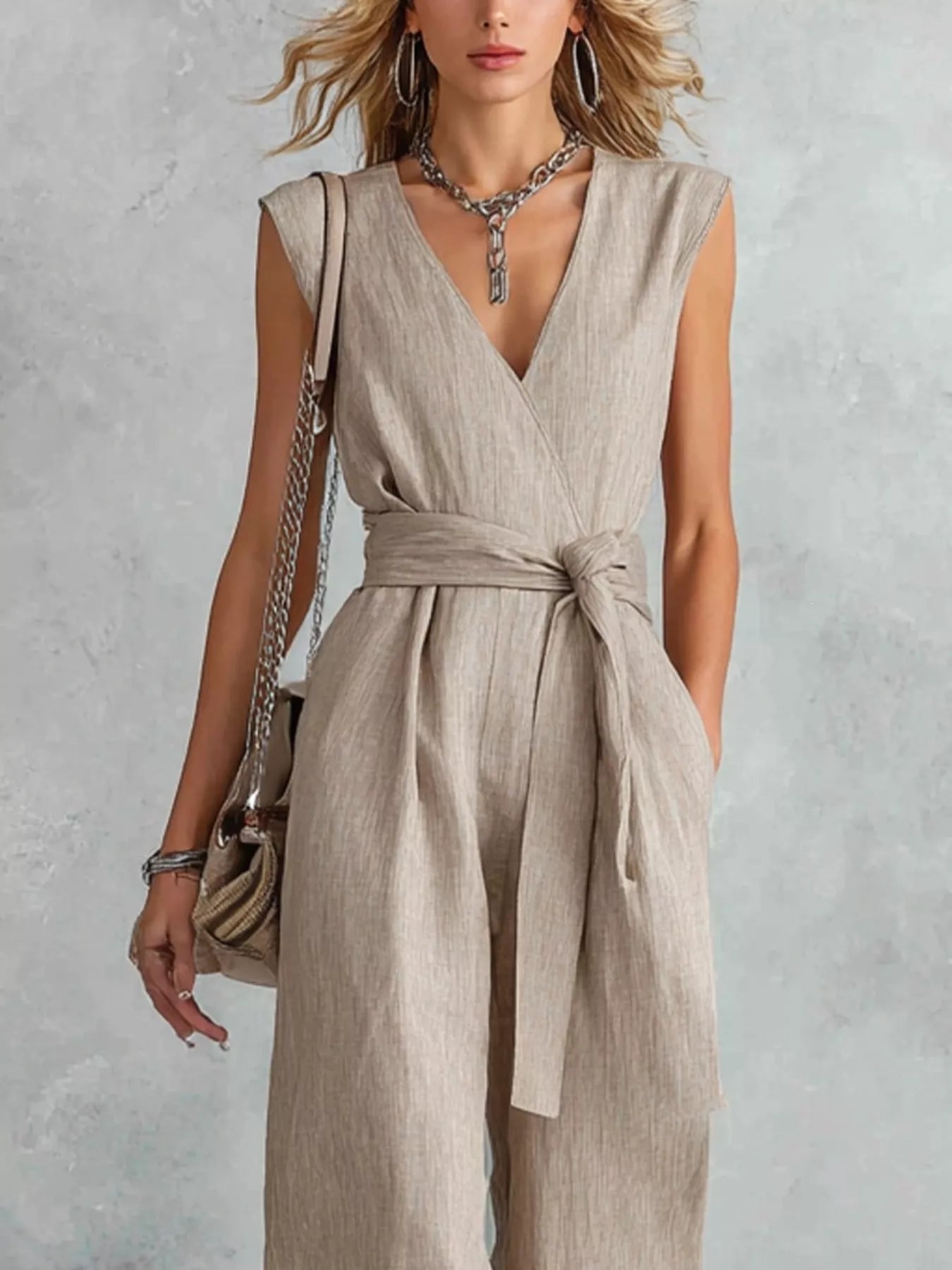 Sleeveless wide-leg jumpsuit in light beige/khaki, V-neck and waist tie belt