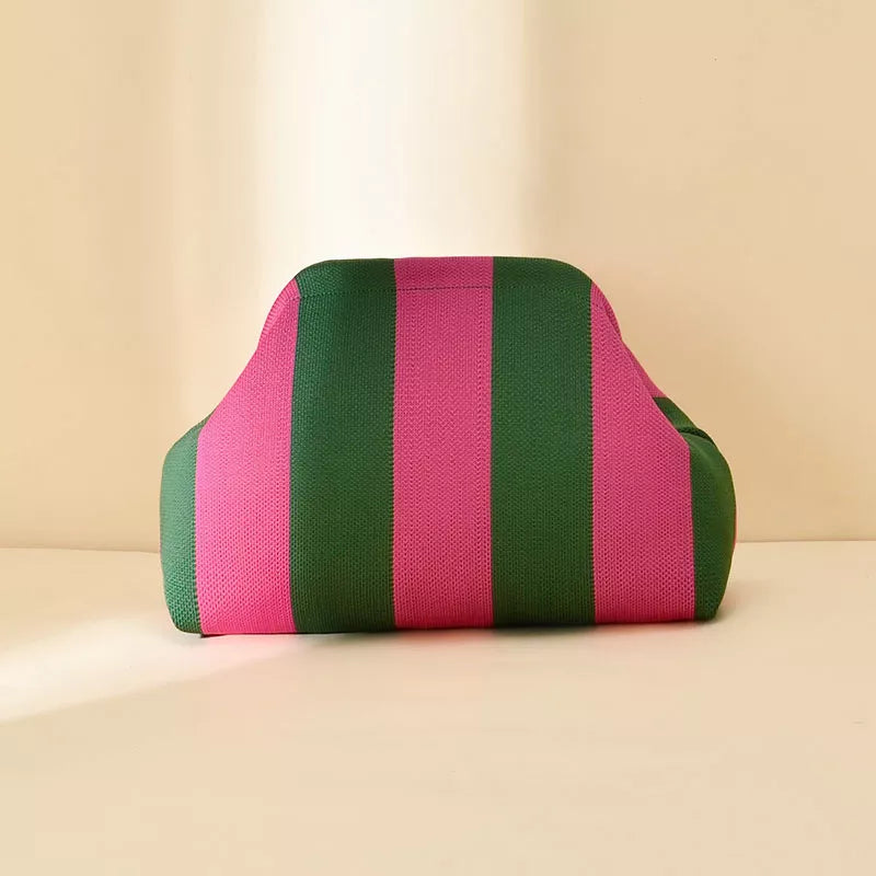 Green and pink striped portable clutch with rounded edges