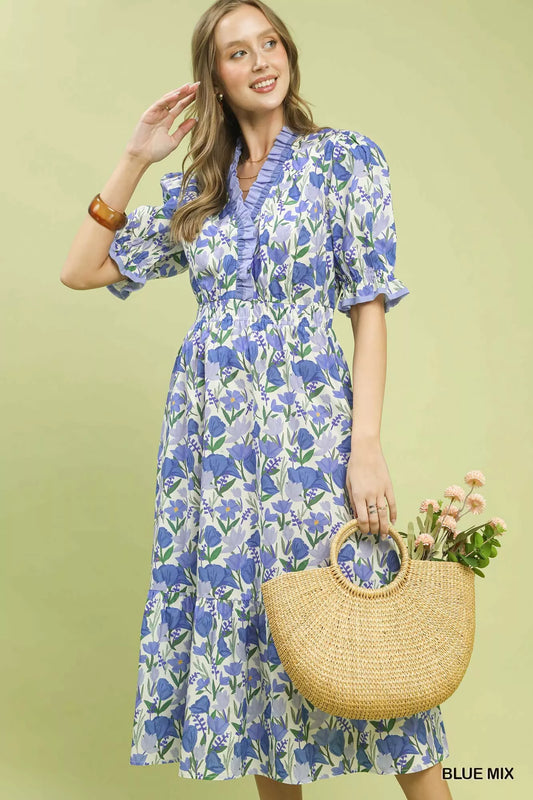 Blue floral tiered midi dress with ruffle trim and puff sleeves