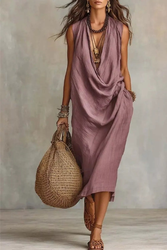 Dusty pink sleeveless drape neck midi dress with layered cowl front