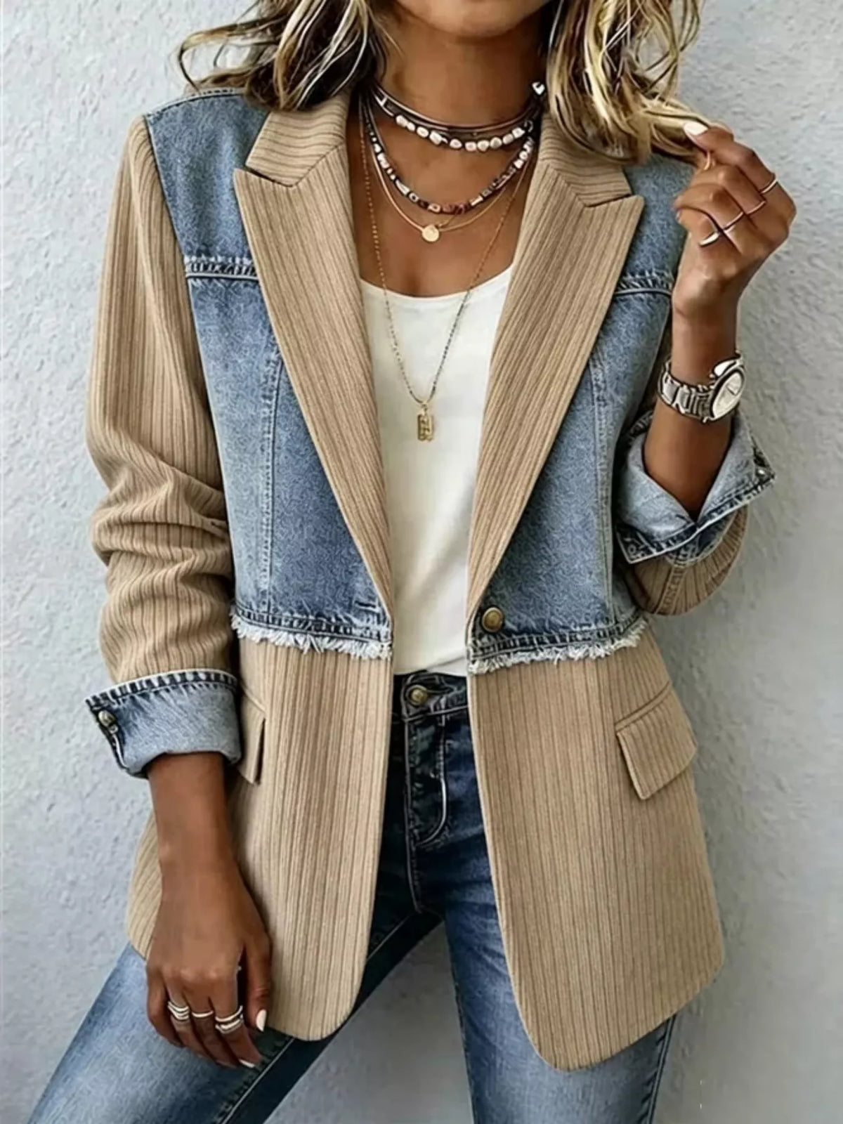 Tan denim patchwork ribbed blazer with notch lapels and side pocket detail