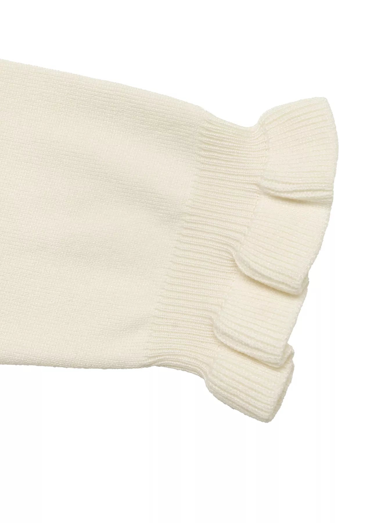 Close-up: Cream knit sleeve cuff with ruffled, tiered trim