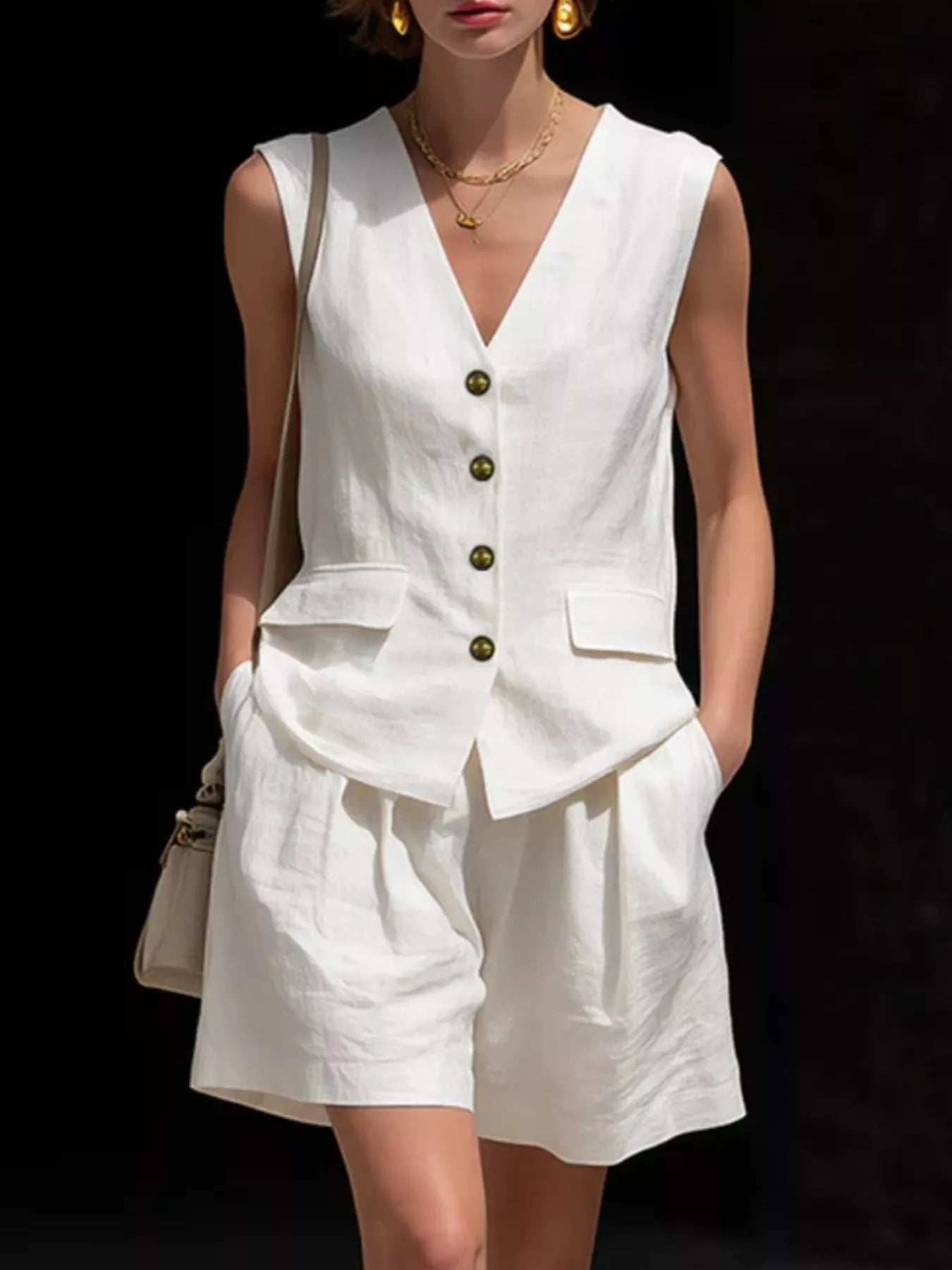 White linen-look sleeveless vest and shorts set, V-neck button front, patch pockets