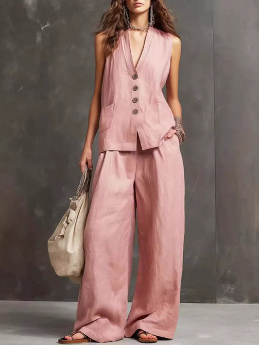Pink sleeveless vest and wide-leg pants set with button-front vest