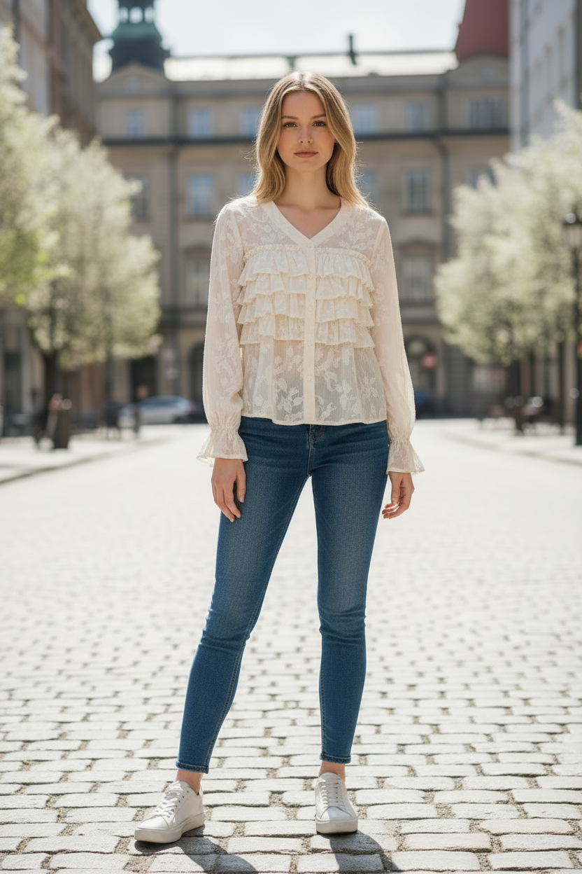 Cream tiered ruffle blouse with embroidered texture, V-neck, long ruffled tiers
