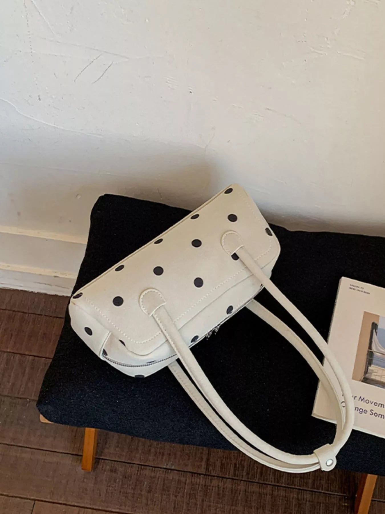 Off-white polka dot mini bag with flap front and detachable long strap